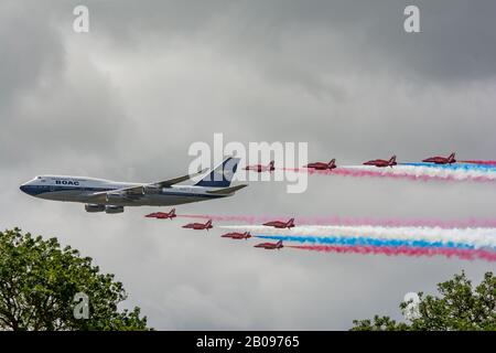 Boac Livery British Airways flypast with the Red Arrows Riat 2019. Stock Photo