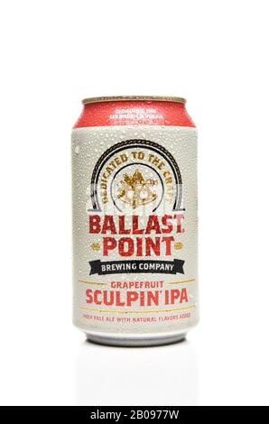 IRVINE, CALFORNIA - FEBRUARY 17, 2019: A single can of Ballast Point Grapefruit Sculpin IPA, with condensation. Stock Photo