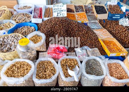 ANTALYA / TURKEY - 20 JANUARY 2020: Various nuts lies on a turkish market Stock Photo