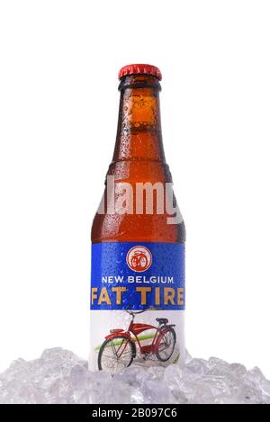 IRVINE, CALIFORNIA - MARCH 12, 2018: Fat Tire Amber Ale in ice. A bottle of Fat Tire Amber Ale from the New Belgium Brewing Company, of Fort Collins, Stock Photo