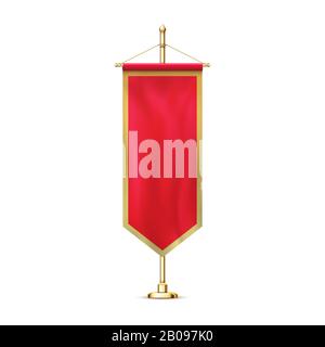 Blank red pennant flag mockup banner hanging golden rack pole realistic stylish retro illustration Stock Vector