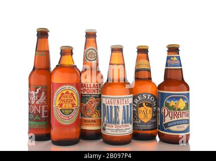 IRVINE, CALIFORNIA - AUGUST 25, 2016: Craft Brew Assortment. Micro / Craft breweries are a growing segment in the adult beverage marketplace. Stock Photo