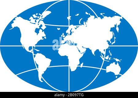 World planet map elongated circle ellipse blue icon. Globe earth continents vector oval isolated symbol Stock Vector