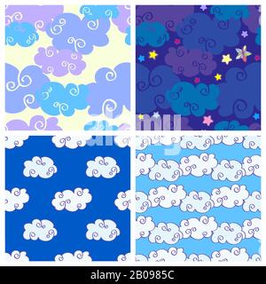 Set of vector cartoon hand drawn clouds seamless patterns. Coolection of backgrounds with cloud Stock Vector