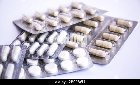 Banner for Prescription Pills Packages Pills in blister packs on white background Stock Photo