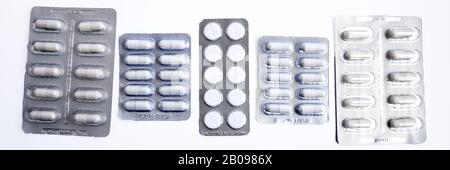 Banner for Prescription Pills Packages Pills in blister packs on white background Stock Photo
