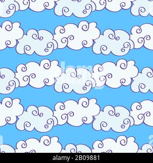 Vector hand drawn clouds over the blue sky seamless pattern. Caricature cumulus clouds illustration Stock Vector