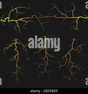 Vector yellow lightnings over black background. Electricity element weather illustration Stock Vector