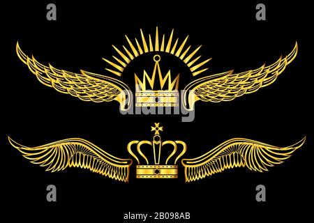 Set of golden winged crowns logos black background. Golden luxury royal emblem. Vector illustration Stock Vector