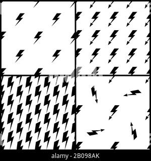 Set of vector lightning seamless patterns in black and white. Collection of backdrop with flash bolt illustration Stock Vector