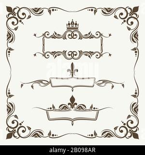 Royal crowns and fleur de lys ornate frames. Decoration curled frame and elements victorian, vector illustration Stock Vector