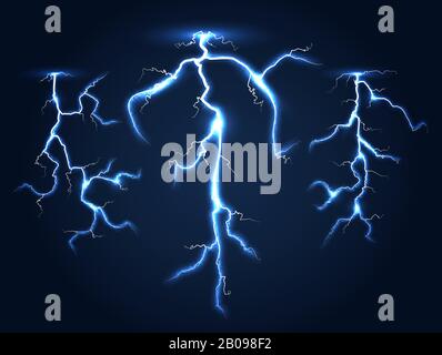 Realistic vector lightnings set dark night sky. Electric power storm illustration Stock Vector