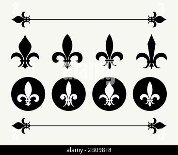 Set of fleur de lys design elements. Decoration for emblem, antique french flower illustration Stock Vector