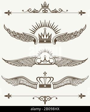 Set of royal winged crowns design elements. Nobility antique frame. Vector illustration Stock Vector