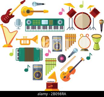 Jazz festival vector poster with music instruments in heart shape design. Instrument guitar piano for jazz, classic jazz festival illustration Stock Vector