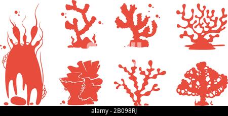 Sea aquarium coral silhouettes vector set. Silhouette red coral reef, marine undersea group of corals illustration Stock Vector