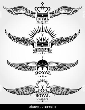 Vector winged crowns royal logo templates set in black and white. Emblem with wing, and crowns illustration Stock Vector