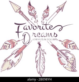 Hipster fashion, apache, american indian, boho vector poster with arrows and feathers. Arrows with feather banner, illustration of tribal aztec t-shirt with arrow Stock Vector