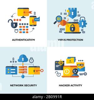Internet security, cloud technology services data protection vector concepts set. Authentication and virus protection, network security and hacker activity illustration Stock Vector