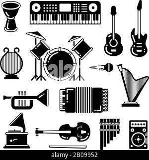 Classic music instruments, silhouettes vector icons. Instrument classical black white style. Illustration of guitar, piano and drum Stock Vector