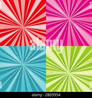 Sunburst rays comic pop art vector backgrounds set with halftone raster gradients. Set of colored sunburst pop art, illustration of pattern pop art book Stock Vector