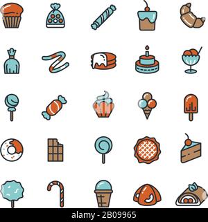 Candy, desserts, ice cream, sweets, donut vector icons. Collection of desserts cake and chocolate, taste cup cake and croissant illustration Stock Vector