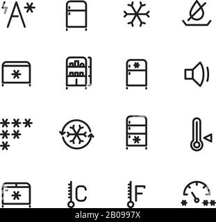 Fridge, freezer, ice machine vector thin line icons. Fridge equipment for kitchen, electric fridge illustration Stock Vector
