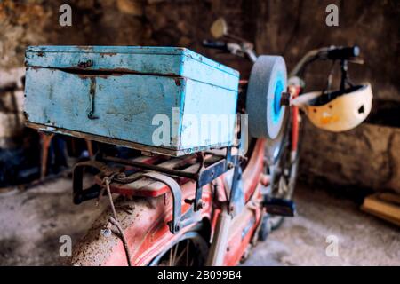 Close-up of an old wood toolbox of a mobile knife sharpener Mobylette AV-89 motorcycle (Fontilles, Vall de Laguart, Marina Alta, Alicante, Spain) Stock Photo