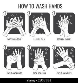 Hand washing instruction. clean hands hygiene vector icons set. Procedure washing hand, instruction of hand wash with foam illustration Stock Vector