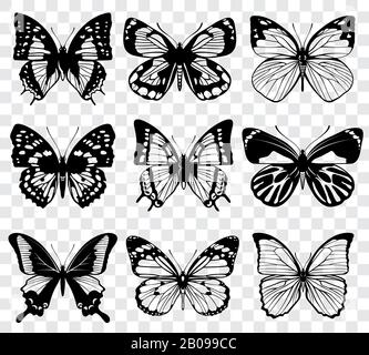 Vector butterflies isolated on transparent checkered background. Silhouette black butterflies, collection of vintage butterfly illustration Stock Vector