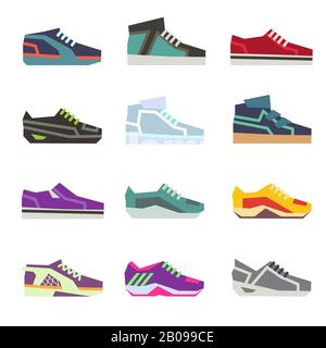 Sportwear shoes, different footwear sport shoes flat vector set. Colored running shoes illustration Stock Vector