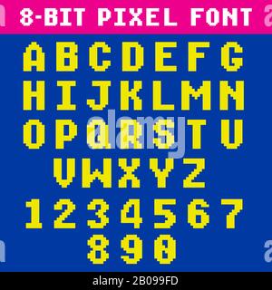Retro video game pixel letters and numbers font, digital alphabet, type. Pixel alphabet type, numeral and latin letters pixel illustration Stock Vector