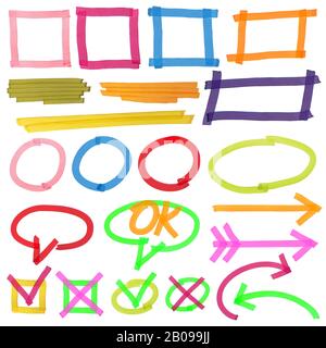 Highlighter marks, stripes, strokes, frames, speech bubbles, crosses, ticks and arrows vector set. Elements drawn with colored marker illustration Stock Vector