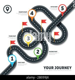 Navigation winding road vector way map infographic. Roadmap business info, plan road map for business illustration Stock Vector