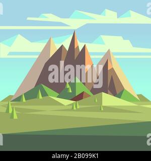 Origami landscape in 3d low poly style with mountains, trees and sky. Polygon geometric mountain, landscape with mountains illustration Stock Vector