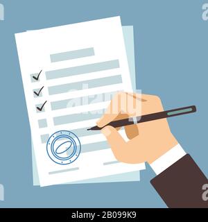 Male hand signing document, man writing on paper contract, hand filling tax form vector illustration. Paper document and businessman writes tax form Stock Vector