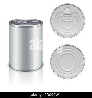 Canned metal packaging vector template for your design. Aluminum canned for food, steel package closed for storage illustration Stock Vector