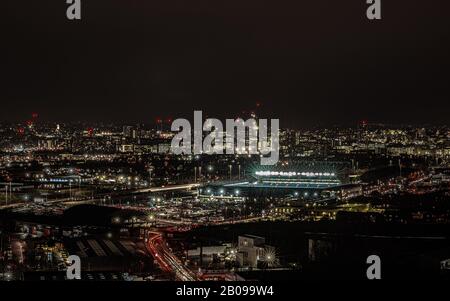 Night shot of Leeds city centre and Elland Road before a match Stock Photo