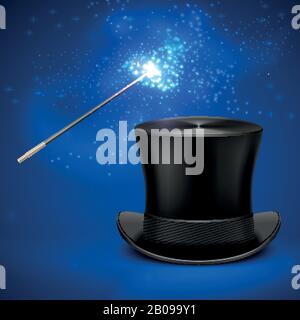 Magic wand and vintage top hat vector entertainment christmas background. Magician wand and magic black hat illustration Stock Vector