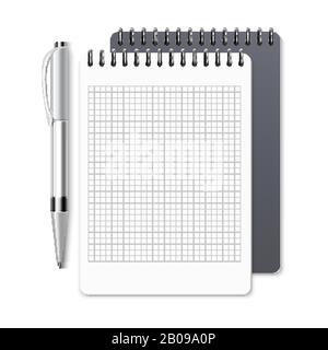 Notebook, empty spiral notepad and pen vector template for corporate identity. Open notebook organizer with oen, illustration of clean page of notebook Stock Vector