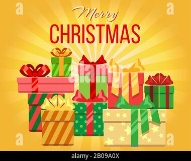 Vector Merry Christmas greeting card with heap of gift boxes. Xmas banner with pile gifts illustration Stock Vector
