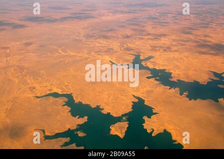 EGYPT, NEAR ABU SIMBEL, AERIAL VIEW OF DESERT AND LAKE NASSER Stock Photo