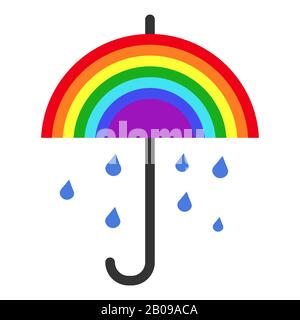 Vector rainbow umbrella and falling rain. Rainy nature design illustration Stock Vector