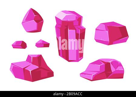 Pink vector crystals white background for mobile games apps. Set of element for gui illustration Stock Vector