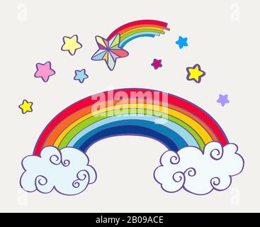 Hand drawn cartoon rainbow, clouds and falling stars. Abstract fairy art. Vector illustration Stock Vector