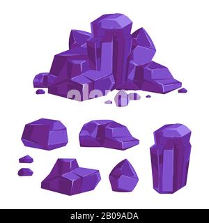 Set of vector purple crystals white background. Collection of bright stone illustration Stock Vector