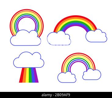 Set of vector rainbow and clouds icons. Weather after rain illustration Stock Vector