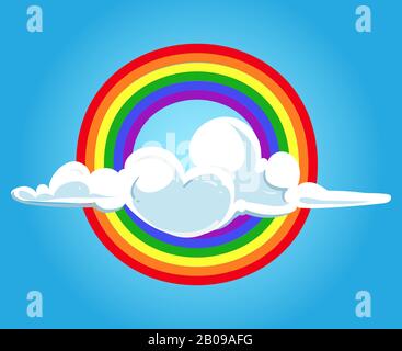 Circle rainbow and clouds blue sky. Nature bright colorful background. Vector illustration Stock Vector