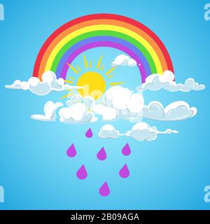 Vector rainbow and clouds with falling rain blue sky. Weather rain and sun illustration Stock Vector