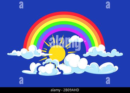 Sun, rainbow and clouds deep blue sky. Sun and natural clouds illustration Stock Vector
